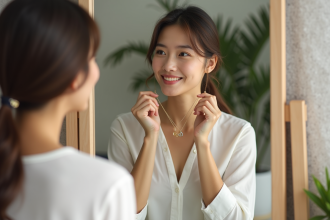 Femme regardant ses bijoux dans un miroir lumineux