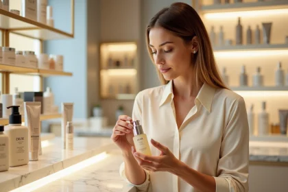 Femme examinant un sérum de luxe Space NK dans une boutique beauté haut de gamme aux comptoirs en marbre