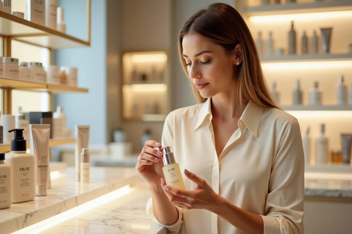 Femme examinant un sérum de luxe Space NK dans une boutique beauté haut de gamme aux comptoirs en marbre