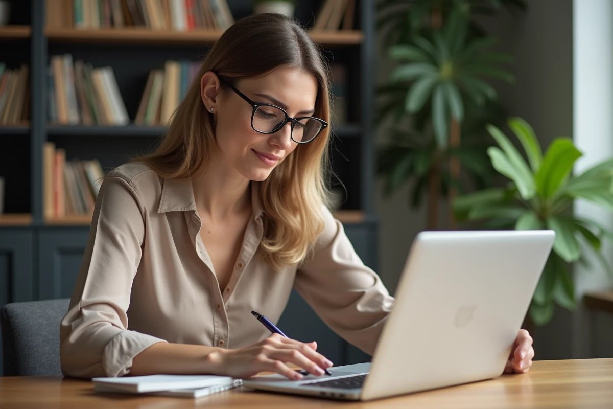 Femme lisant un parfum dans un bureau moderne
