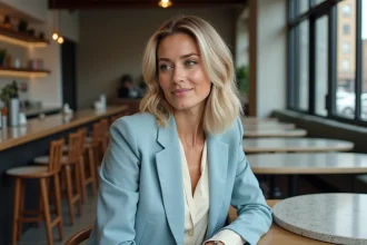 Femme élégante blonde en blazer bleu dans un café moderne