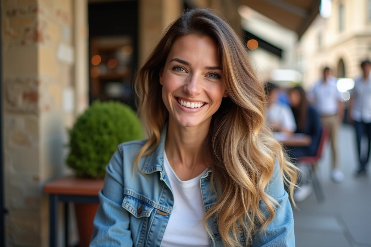 Femme souriante avec cheveux balayage dans un café