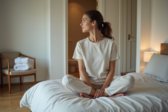 Femme assise sur le lit dans une chambre calme et chaleureuse