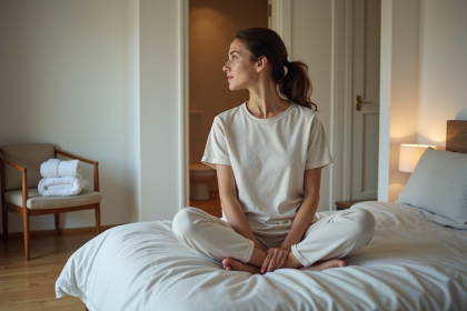 Femme assise sur le lit dans une chambre calme et chaleureuse