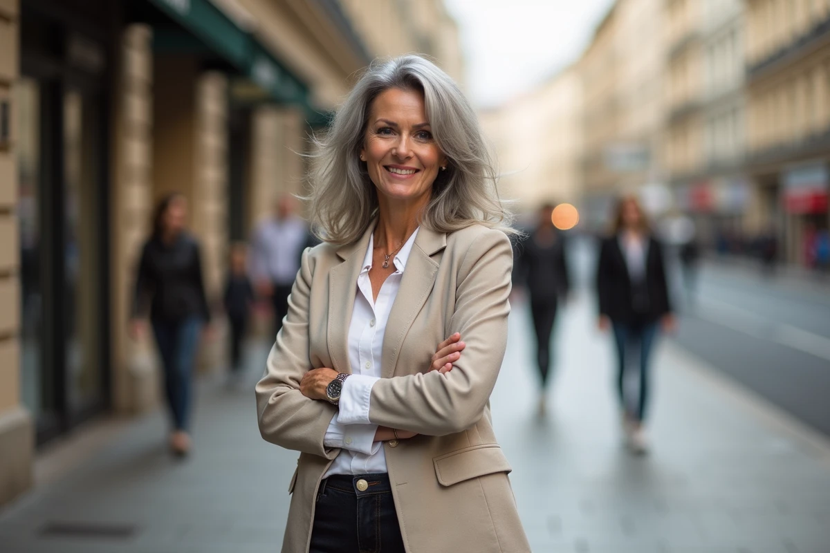 Femme élégante aux cheveux gris naturels ondulés dans une rue de ville européenne, allure confiante et contemporaine
