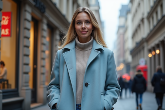 Femme élégante en manteau pastel dans une rue urbaine