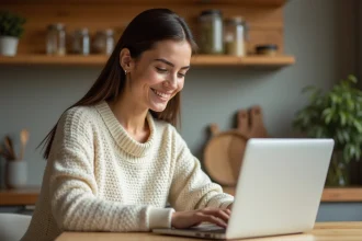 Jeune femme recevant un code promo après sa première commande sur un site d'aromathérapie