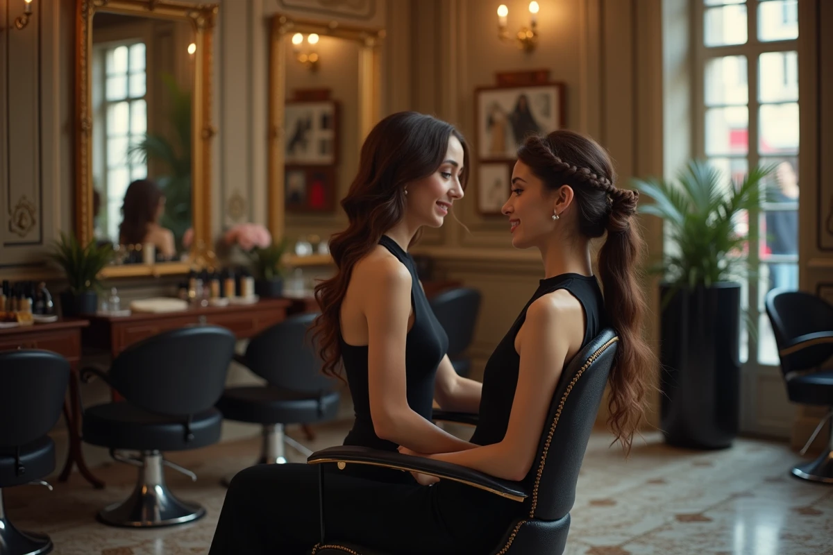 Jeune femme vérifiant sa coiffure dans un miroir vintage