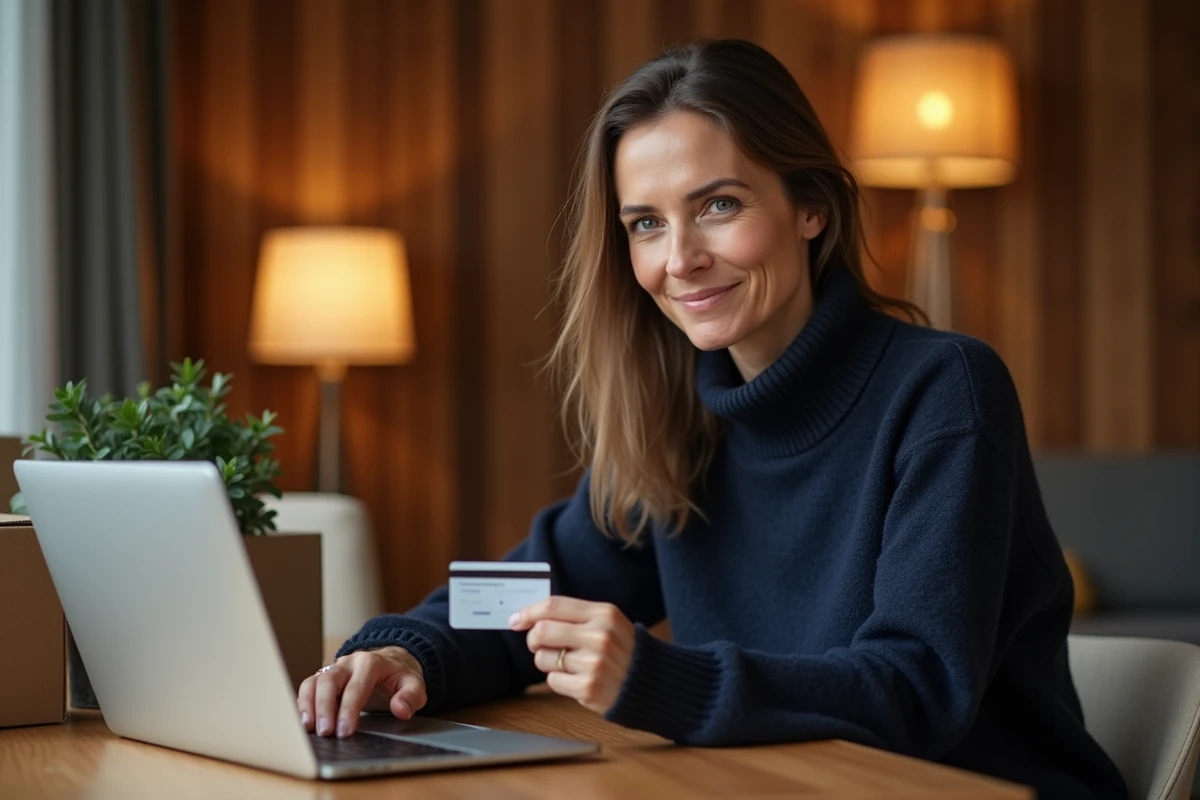 Femme commandant des produits Space NK en ligne sur un ordinateur portable avec carte bancaire dans un bureau à domicile