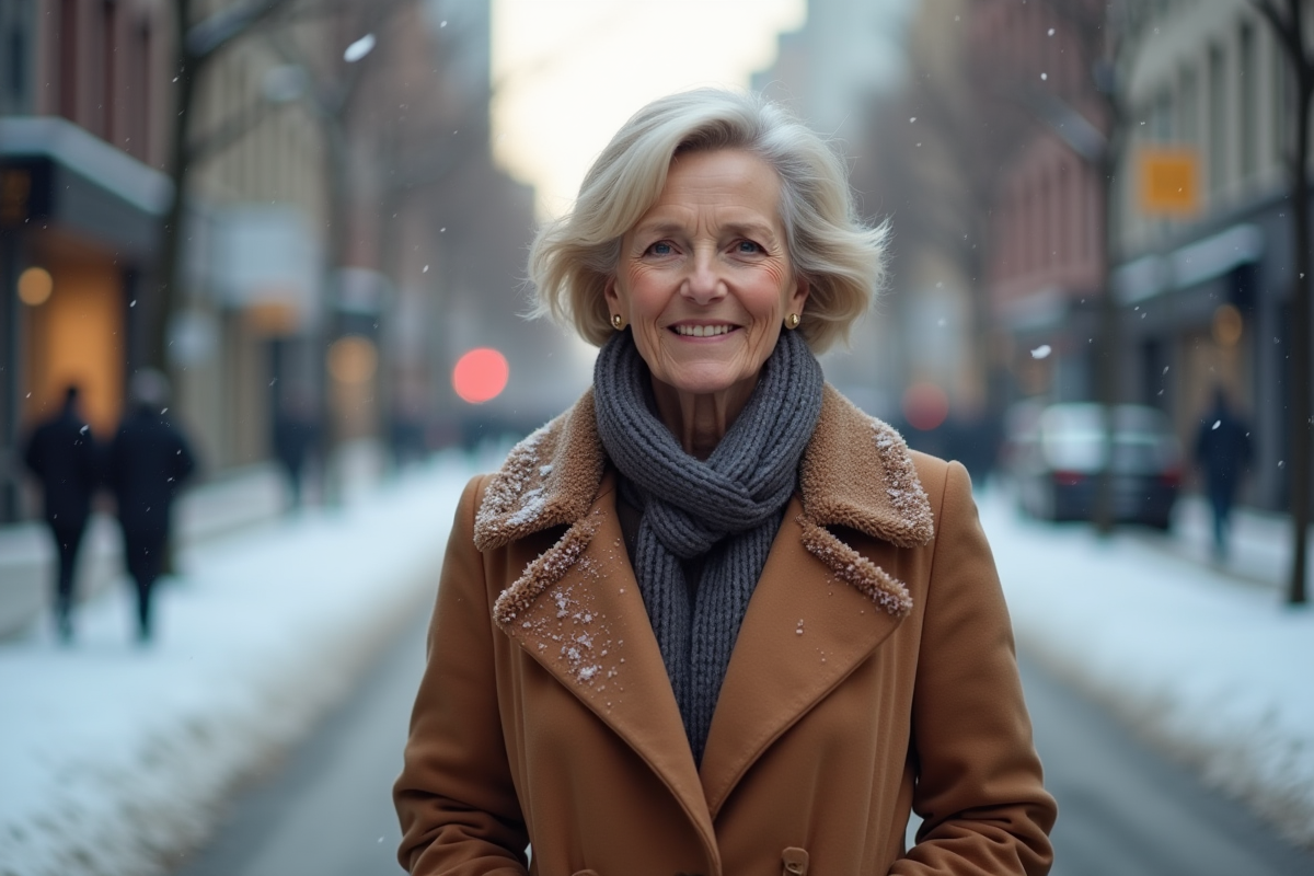 Femme confiante en manteau d'hiver en ville sous la neige