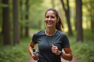 Femme souriante en course dans la forêt avec écouteurs
