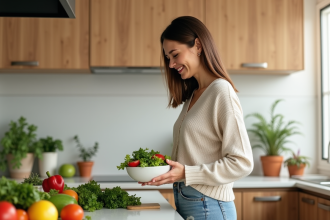 Femme souriante préparant une salade dans une cuisine moderne