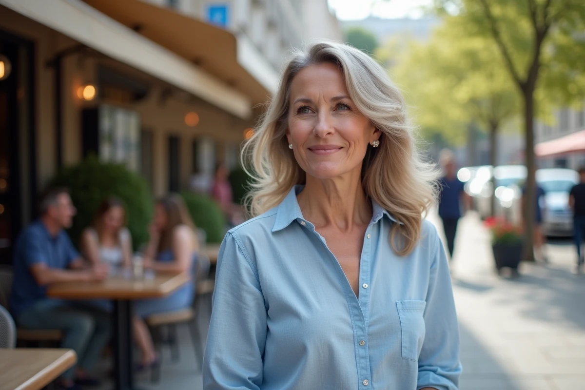 Femme confiante dans une blouse bleue en terrasse de caf&eacute; urbaine