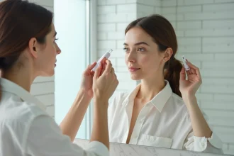 Femme utilisant un dermaroller sur le cuir chevelu pour stimuler la repousse des cheveux dans une salle de bain moderne