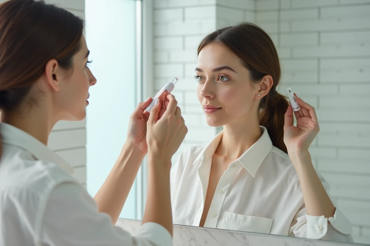Femme utilisant un dermaroller sur le cuir chevelu pour stimuler la repousse des cheveux dans une salle de bain moderne