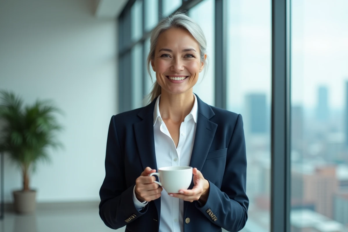 Femme élégante aux cheveux argentés dans un intérieur moderne avec vue sur la ville, portrait authentique de beauté mature