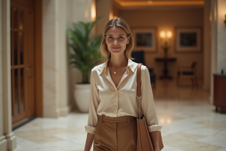 Femme élégante dans un lobby d'hôtel luxueux