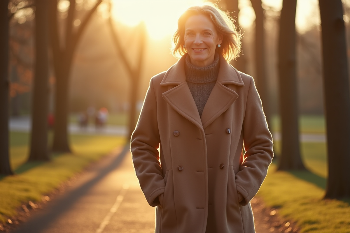Femme élégante en manteau long dans un parc en hiver