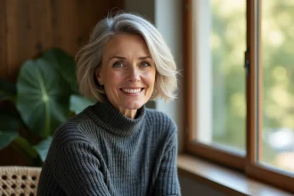 Femme élégante avec coupe carré floue en intérieur lumineux