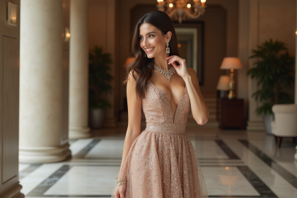 Femme &eacute;l&eacute;gante en robe de soir&eacute;e brillante souriant