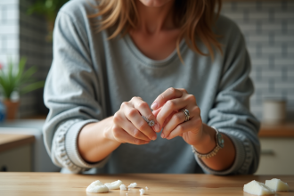 Femme en jeans en train de retirer une bague avec du savon