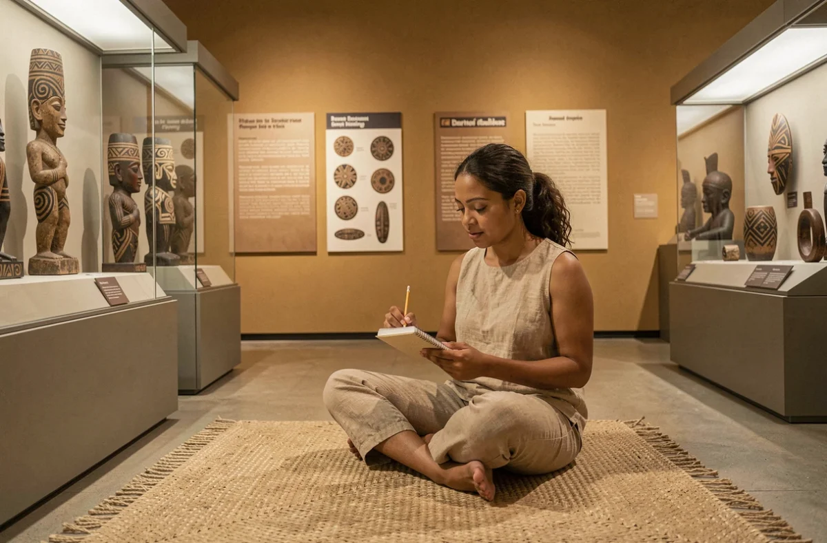 Jeune femme étudiant des motifs de tatouages tribaux traditionnels dans un musée consacré aux cultures du Pacifique
