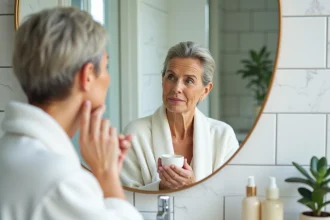 Femme d'âge mûr examinant sa peau dans un miroir de salle de bain en tenant un produit de soin Nuvaskin, photo réaliste avant après