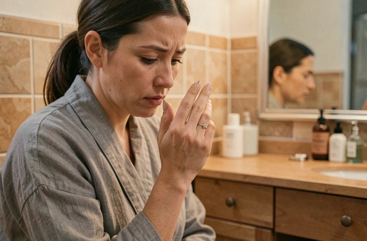 Femme examinant son ongle fendu verticalement dans une salle de bain, cadre naturel et réaliste pour illustrer l'auto-diagnostic