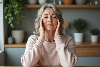 Femme d'âge moyen faisant des exercices du visage dans une cuisine chaleureuse