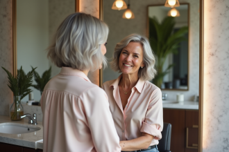 Femme élégante aux cheveux gris dans un salon moderne