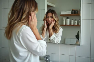 Femme regardant ses racines dans une salle de bain moderne