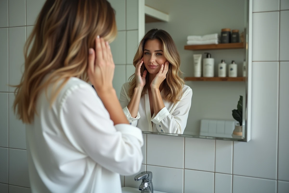 Femme regardant ses racines dans une salle de bain moderne