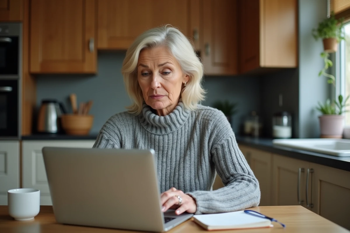 Femme mature lisant des avis négatifs sur un produit de soin Nuvaskin sur son ordinateur portable dans une cuisine réaliste