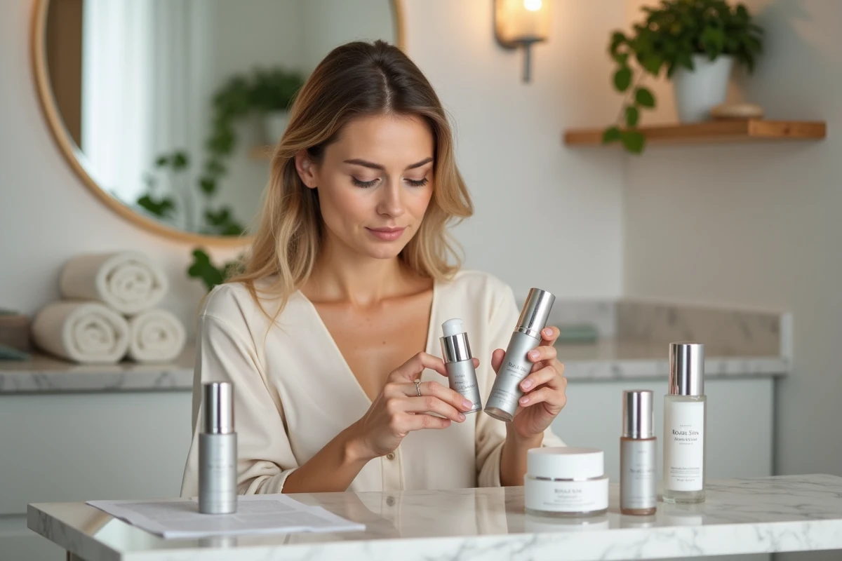 Femme lisant attentivement l'étiquette d'un sérum de soin de peau dans sa salle de bain entourée de produits recommandés par des dermatologues