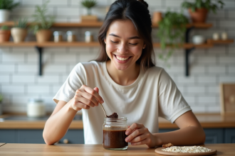 Femme souriante préparant un gommage maison au café