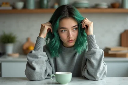 Jeune femme aux cheveux verts assise en cuisine moderne