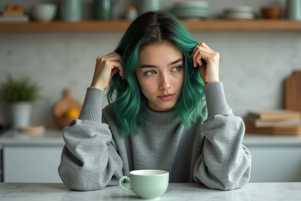 Jeune femme aux cheveux verts assise en cuisine moderne
