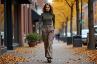 Femme élégante en pantalon à carreaux automne en ville