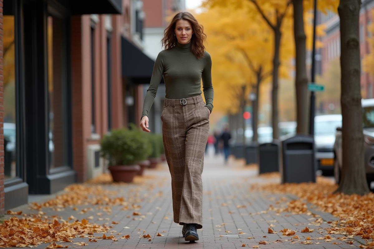 Femme élégante en pantalon à carreaux automne en ville