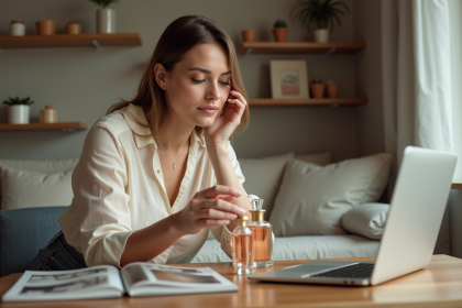 Femme examinant deux parfums élégants dans un intérieur cosy