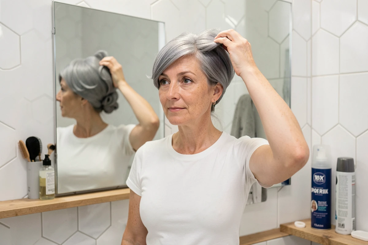 Femme évaluant le rendu naturel d'une perruque synthétique devant un miroir de salle de bain