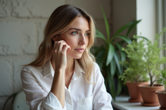 Femme en portrait naturel et serein près d'une fenêtre
