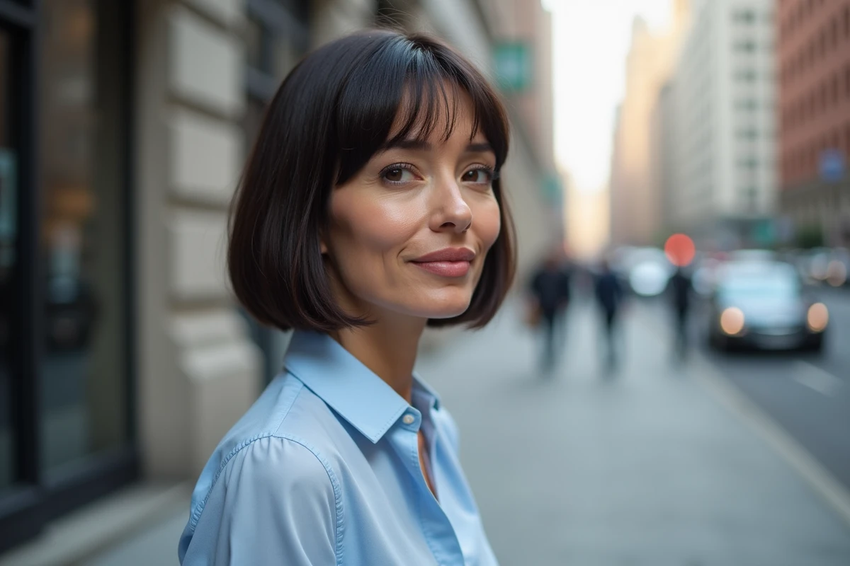 Femme en chemise debout dans la rue avec coupe bob