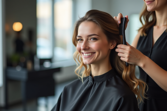 Femme souriante dans un salon moderne en train de se faire coiffer