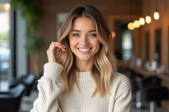 Femme souriante dans un salon moderne et cosy