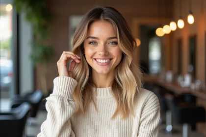 Femme souriante dans un salon moderne et cosy