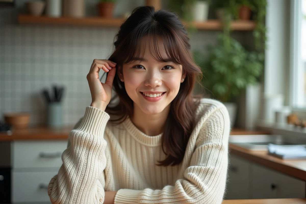 Femme souriante en pull crème dans une cuisine chaleureuse