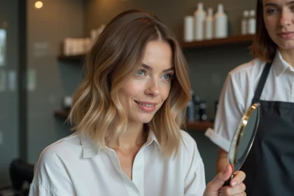Femme dans un salon de coiffure regardant son reflet