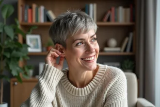 Femme souriante avec coupe pixie dans un salon moderne