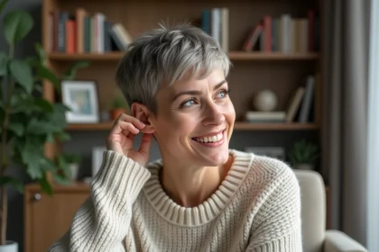 Femme souriante avec coupe pixie dans un salon moderne